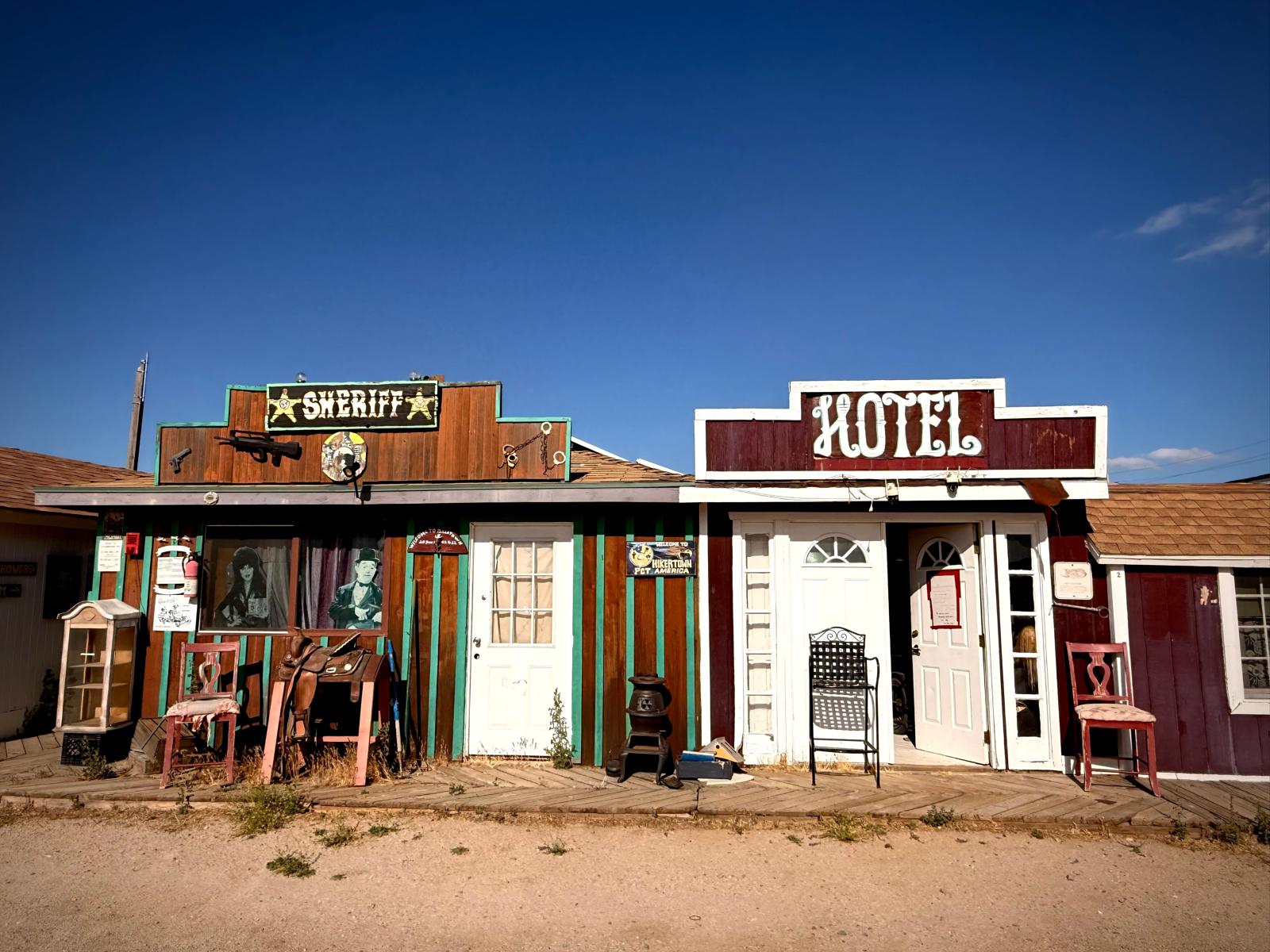The sheriff and hotel set fronts between takes